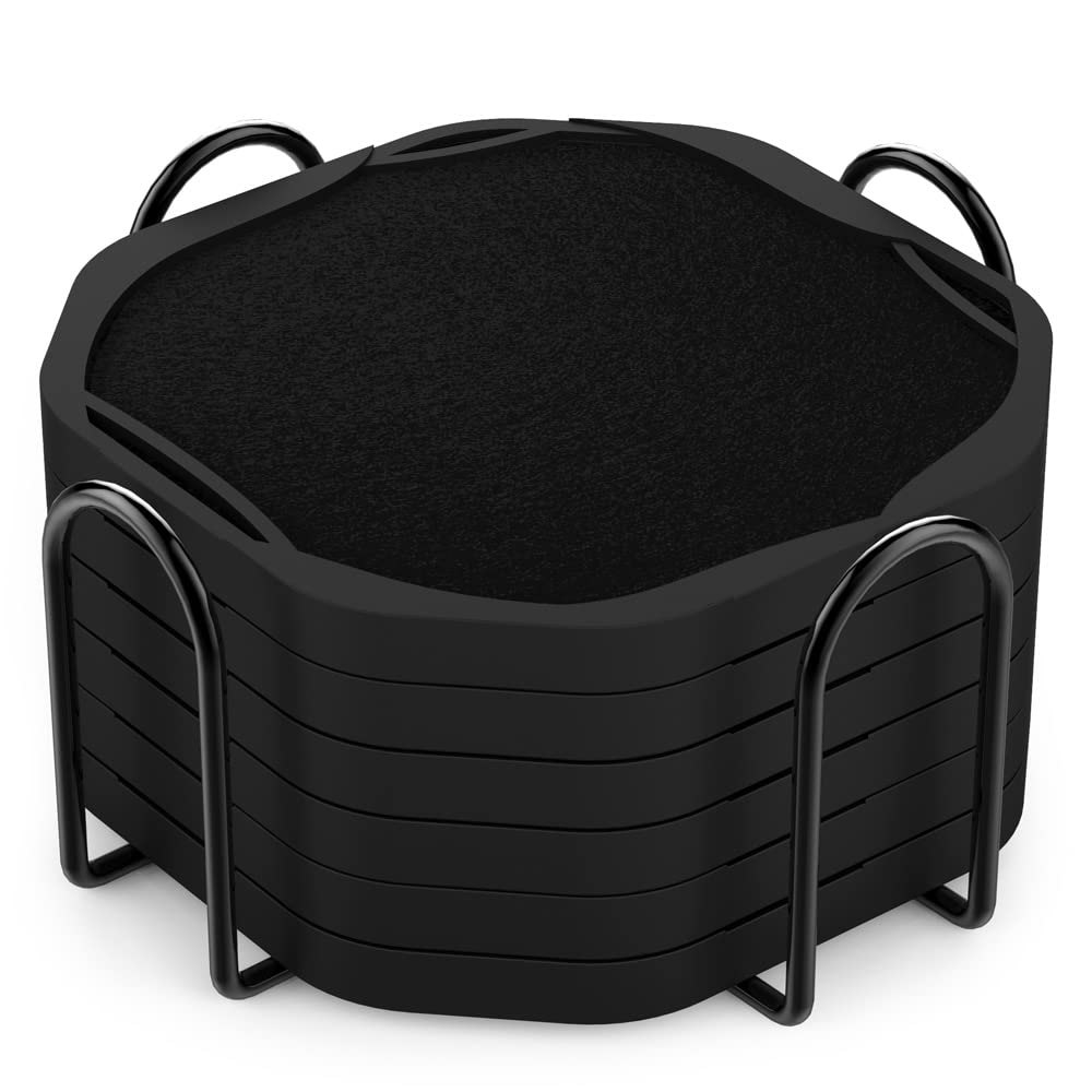 Umirro Absorbent Coasters For Drinks With Holder, Black Silicone Coasters With Soft Felt Inserts For Wooden Coffee Table, Cool M