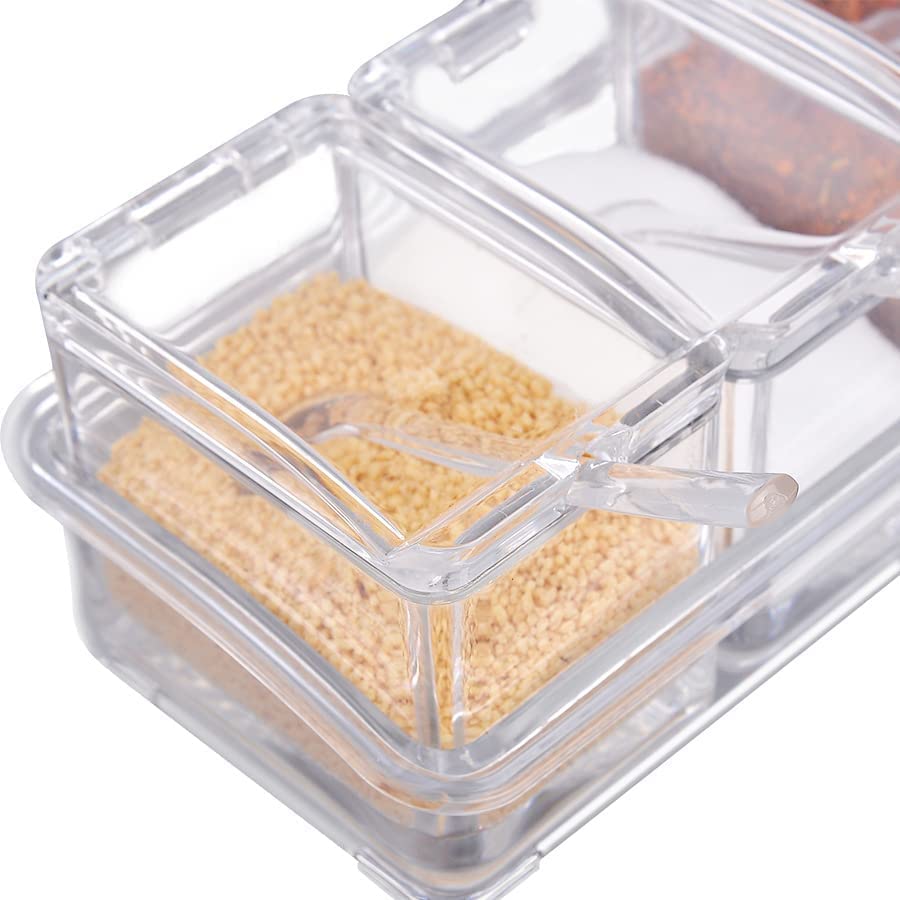 Cluqmeik Clear Seasoning Box,4 Spice Jars Condiment Containers With Lids And 4Pcs Spoons 1Pcs Tray Seasoning Organizer For Salt,