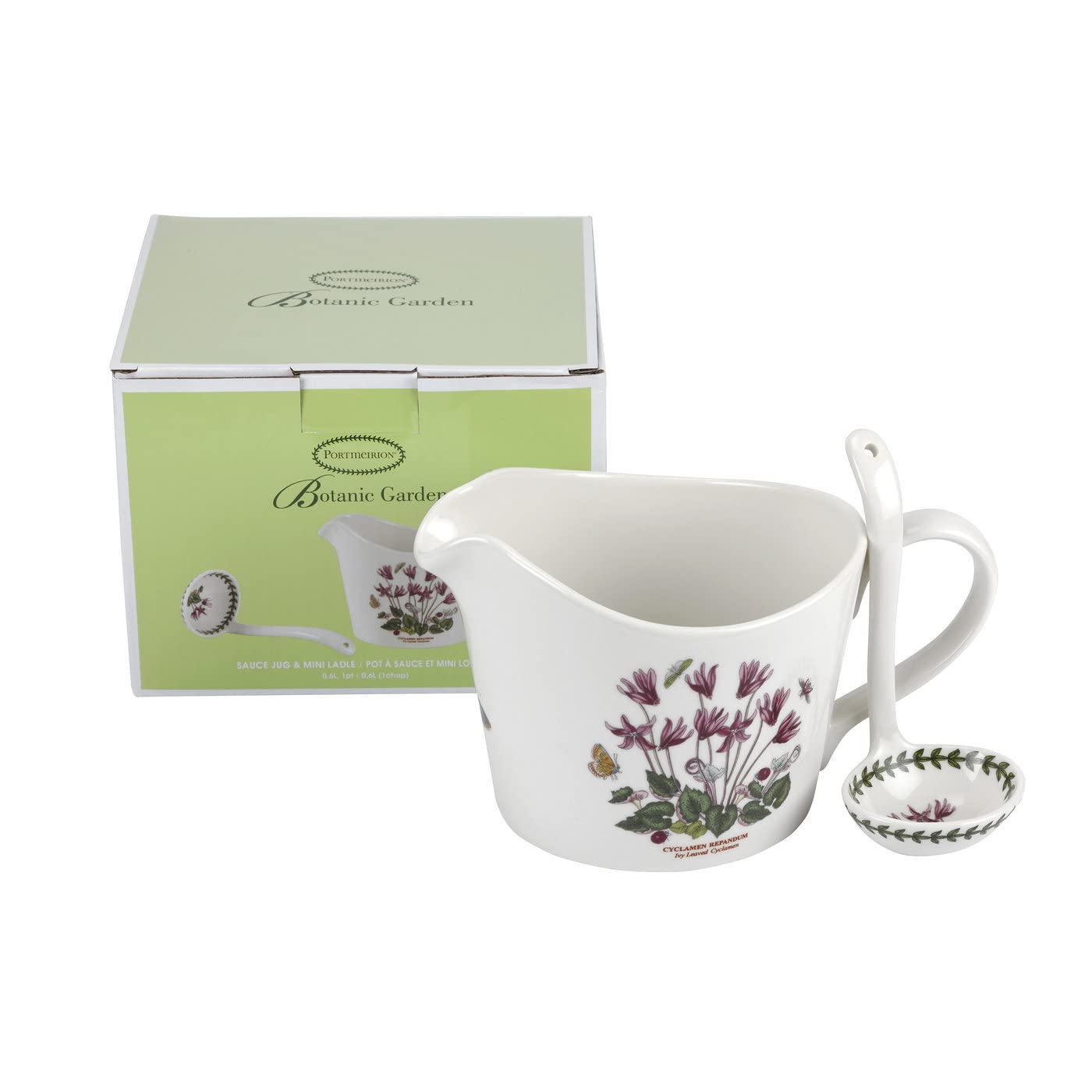 Portmeirion Botanic Garden 2-Piece Sauce Jug And Ladle Set | 1 Pint Capacity | Cyclamen Motif | Fine Porcelain | Chip Resistant
