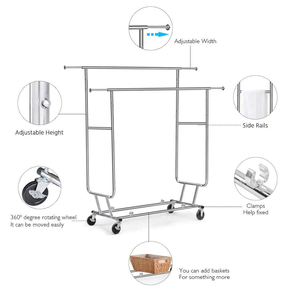 Yaheetech Commercial Clothing Garment Rack, Heavy Duty Double Rail Clothes Rack, Rolling Collapsible Rack Hanger Holder, Extenda
