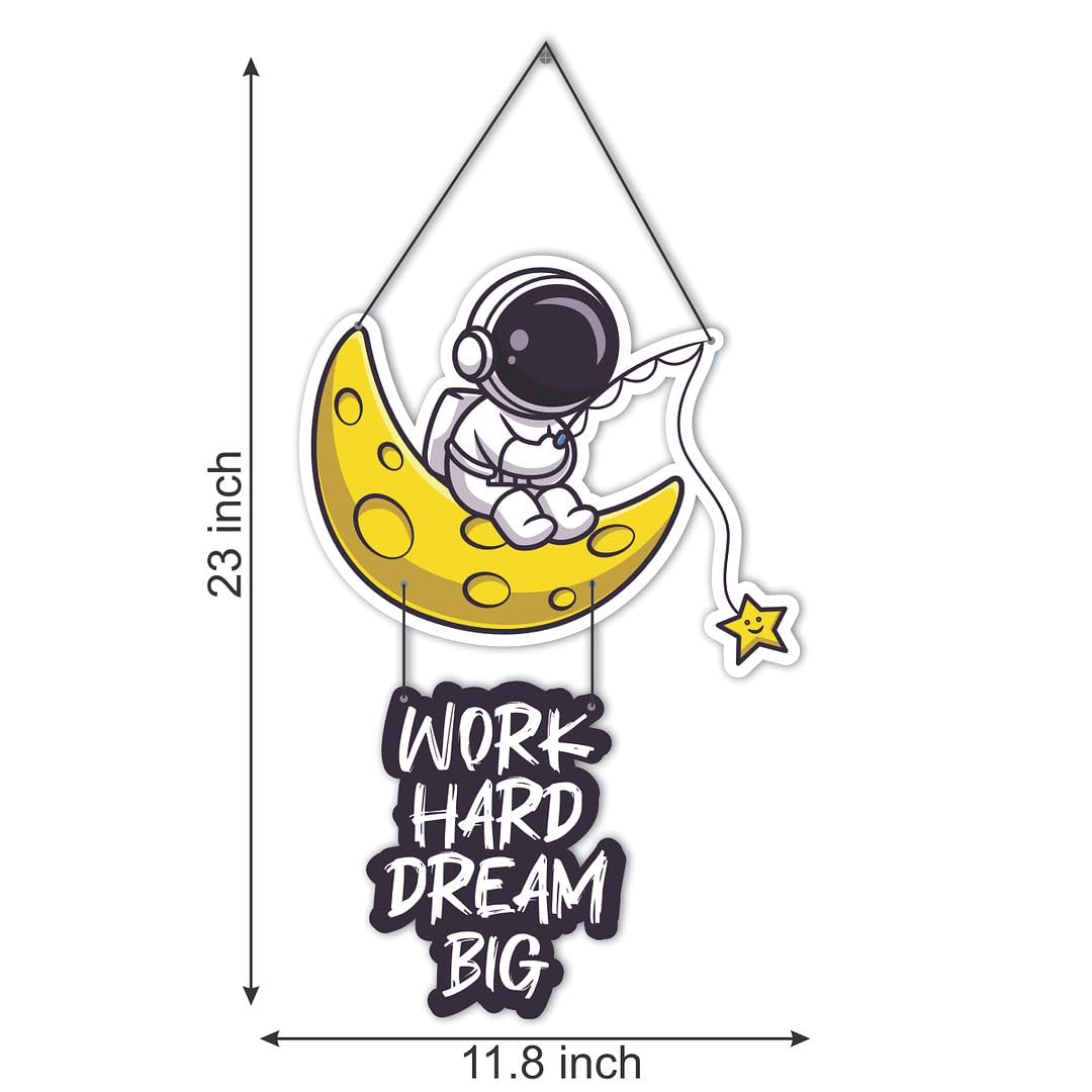 Cvanu Work Hard Dream Big & Little Astronaut Space Theme Wooden Wall Hanging Board For Wall Decoration (23Inchx11.8Inch)_S283