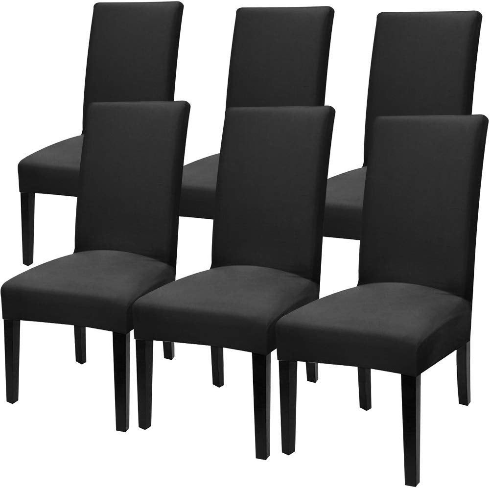 House Of Quirk Polyester Elastic Stretch Removable Washable Solid Short Dining Chair Seat Cover Protector Slipcover (6, Black)