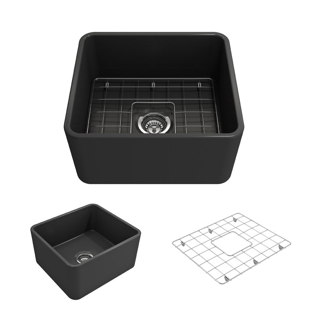 Bocchi Classico Farmhouse Apron Front Fireclay 20 In. Single Bowl Kitchen Sink With Protective Bottom Grid And Strainer In M.Dar