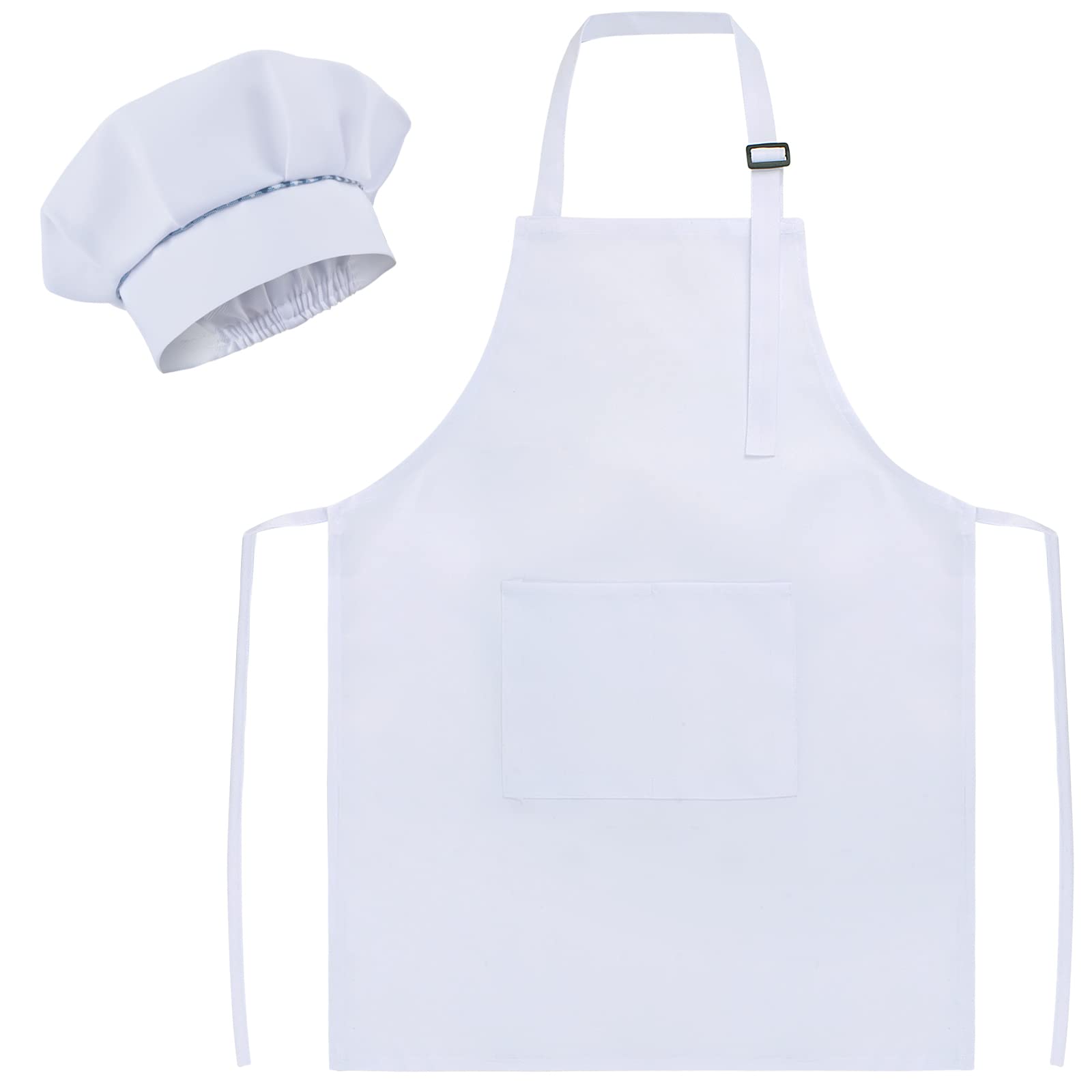 Sunland Kids Apron And Hat Set Children Chef Apron For Cooking Baking Painting White(M:6-12 Years)
