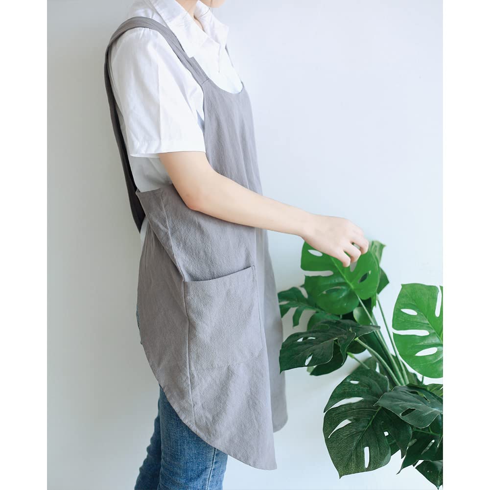 Ptsygantl Apron Women, Aprons For Women With 2 Pockets, Cooking Aprons For Women, Cotton Linen Garden Aprons, Apron Dress (Grey)