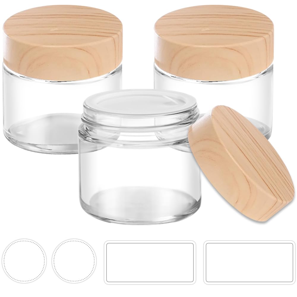 2 Oz Small Glass Containers With Lids, Glass Jars With Woodgrain Lids & Inner Liners, Reusable Travel Containers For Creams, Mak