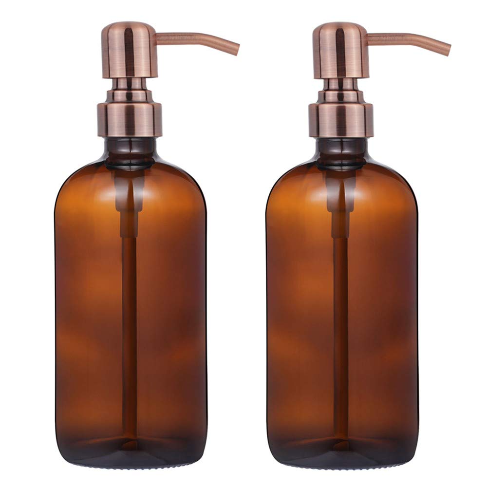 2 Pack Thick Amber Glass Pint Jar Soap Dispenser With Copper Stainless Steel Pump, 16Ounce Boston Round Bottles Dispenser With R