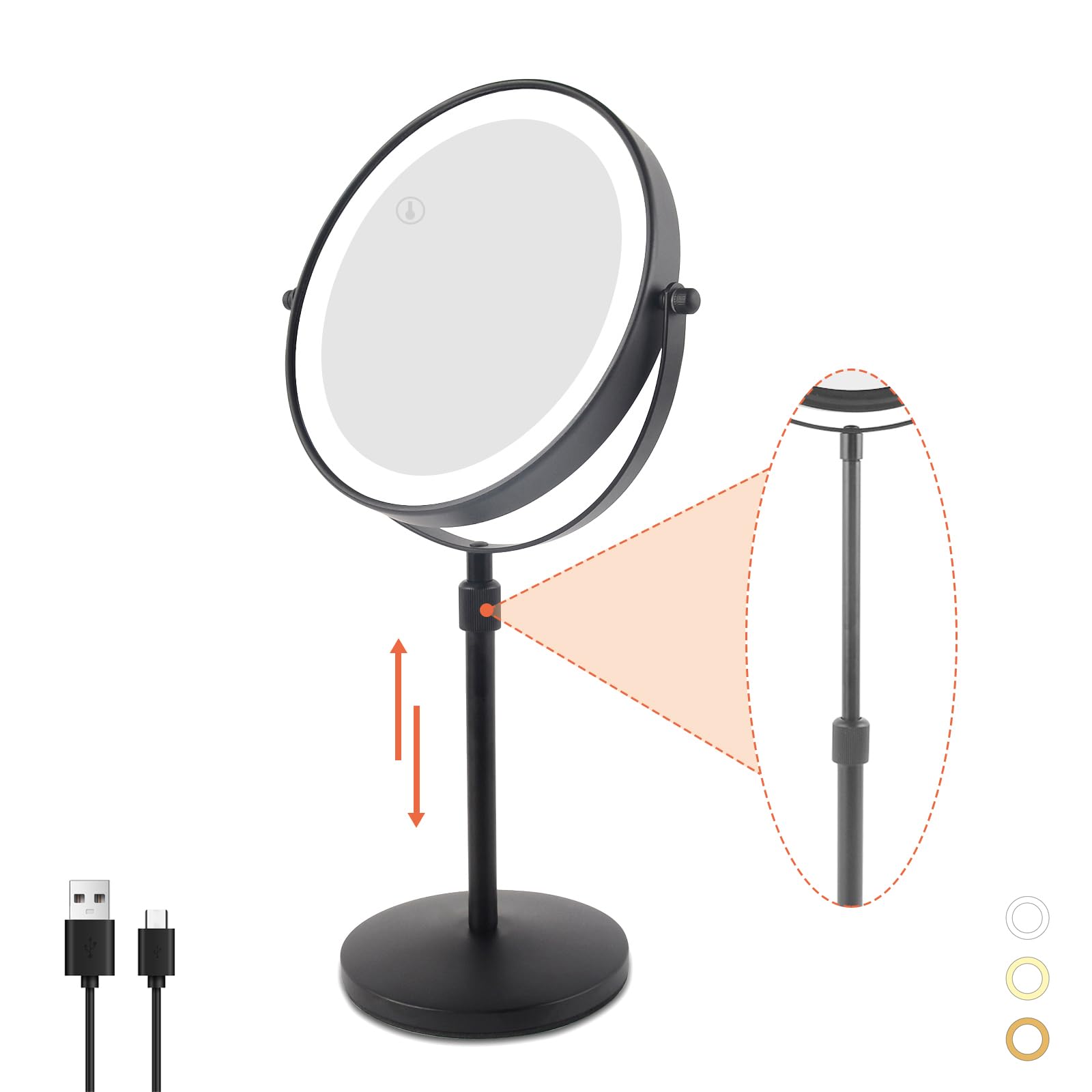 Nicesail Led Lighted Makeup Mirror Tabletop, 10X Magnifying Mirror With 3 Color Lights, Brightness Adjustable Height Adjustable,