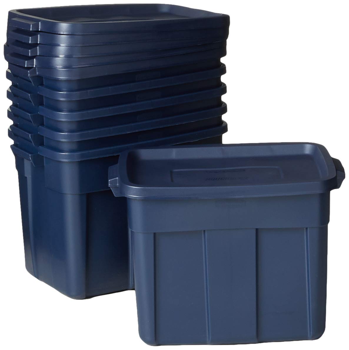 Rubbermaid Roughneck 18 Gallon Rugged Stackable Storage Tote With Lid And Handles For Home Usage, Dark Indigo Metallic, 6 Pack