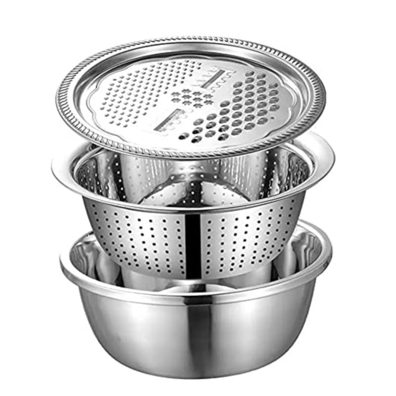 Drumstone     3In1 Multifunctional Stainless Steel Grater & Vegetable Cutter With Drain Basket, 26Cm, Rice Bowl Included,Veget