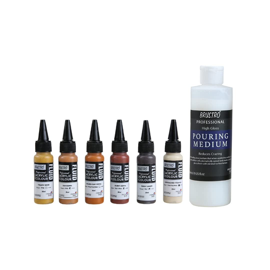 Brustro Professional Artists Fluid Acrylic 20 Ml Down To Earth Set Of 6 With Pouring Medium 200 Ml