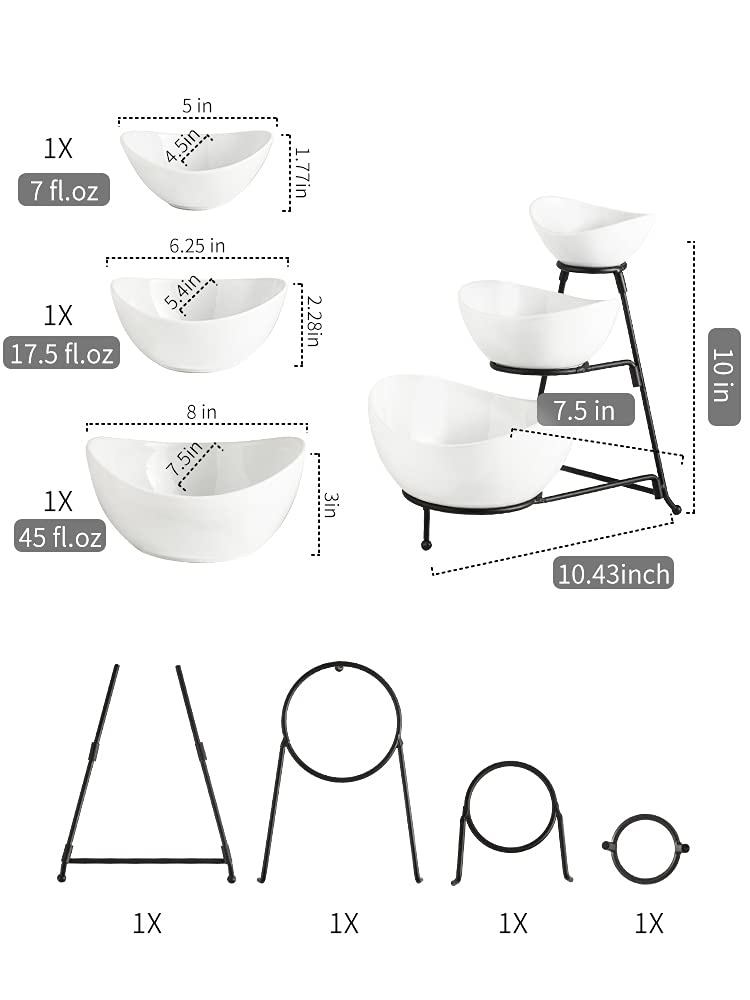 Yhosseun 3 Tier Serving Stand With 3 Oval Porcelain Serving Bowl Set With Collapsible Thicker Sturdier Metal Rack (Black)