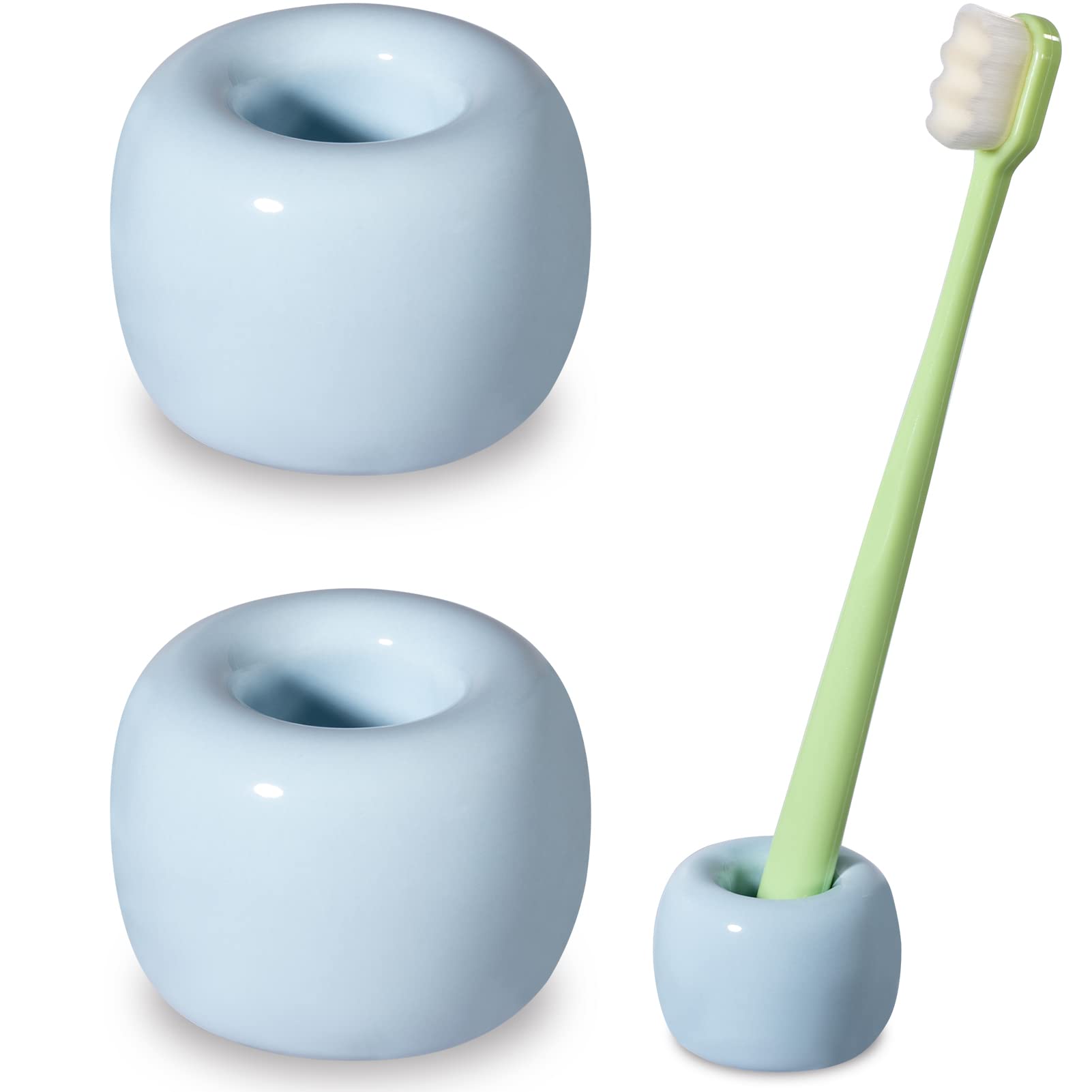 Urbanstrive Sleek Mini Ceramics Toothbrush Holder Stand for Bathroom Vanity Countertops, Light Blue, 2 Pack