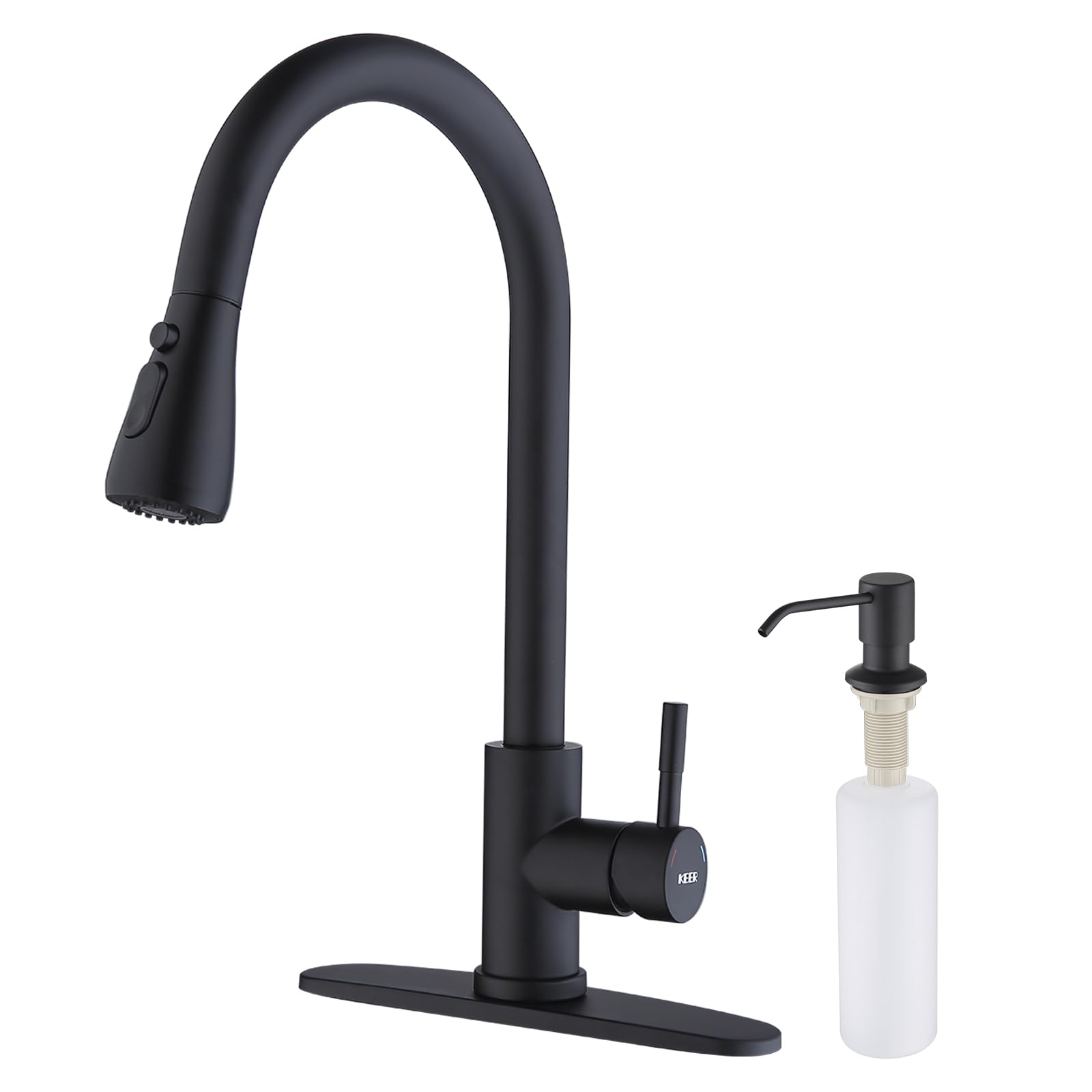 Keer Matte Black Single Handle Pull Down Kitchen Faucet with Soap Dispenser, 3 Modes Sprayer, Deep Plating Metal Finish, Easy As