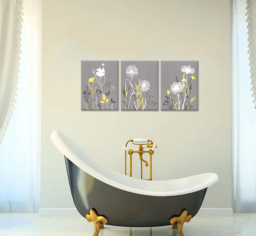 Zlove 3 Pieces Yellow Grey Bathroom Wall Art Abstract Botanical Leaves Simple Life Art Print On Canvas For Modern Home Decor Rea