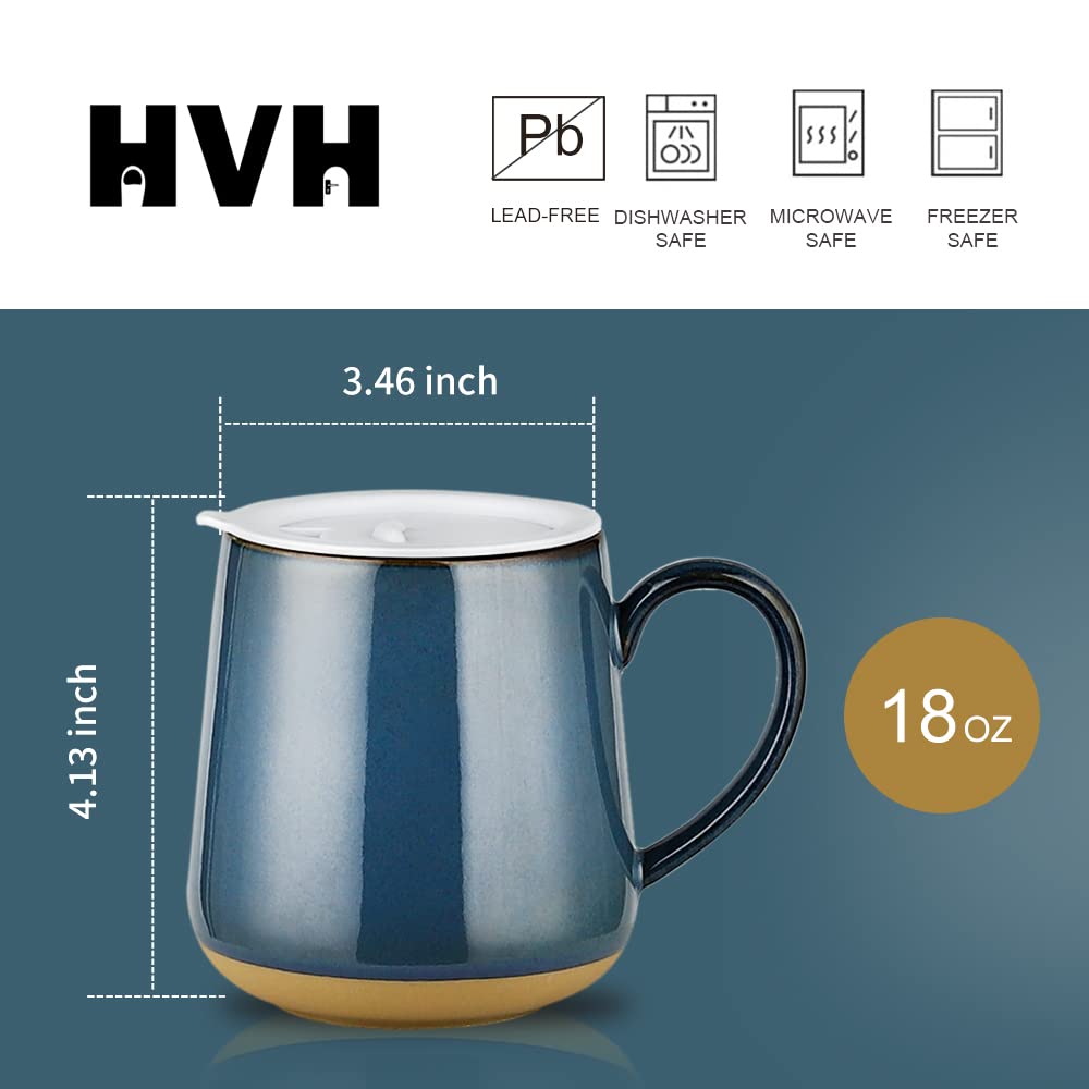 Hvh Ceramic Coffee Mug With Lid, 17Oz Coffee Mugs Set Of 4, Ceramic Coffee Cups Set With Large Handle, Large Ceramic Mug With Li