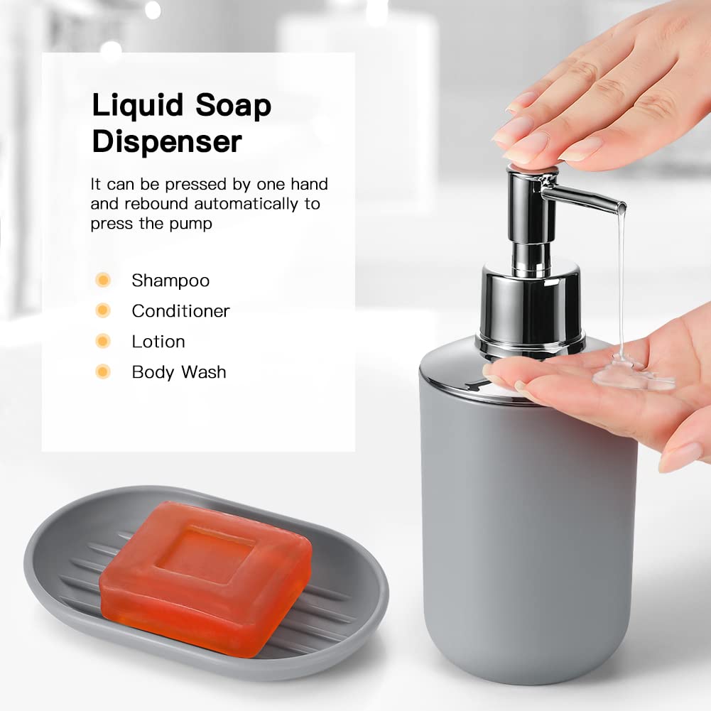 OTOSTAR Plastic Bathroom Accessories Set 6 Pieces Gift Set Decorative Countertop Bathroom Accessory Set Includes Toothbrush Holder Soap Dispenser Tumbler Soap Dish Toilet Brush Holder Trash Can (Grey)