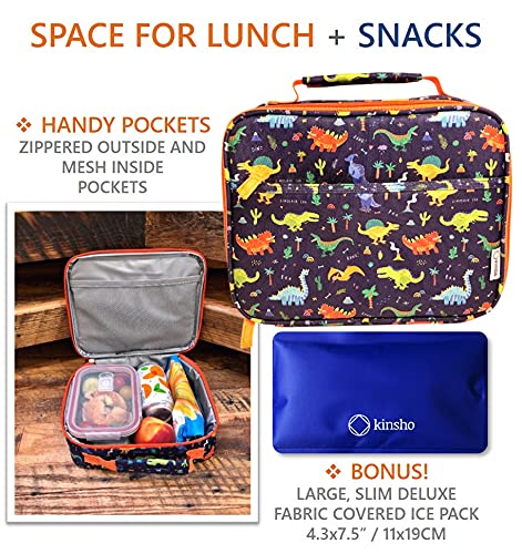 Lunch Bag with Water Bottle and Ice Pack Set  Boys Lunch-Box Set for Toddler Daycare or Pre-School  Kids Container for Lunches  Blue Orange Dinosaur