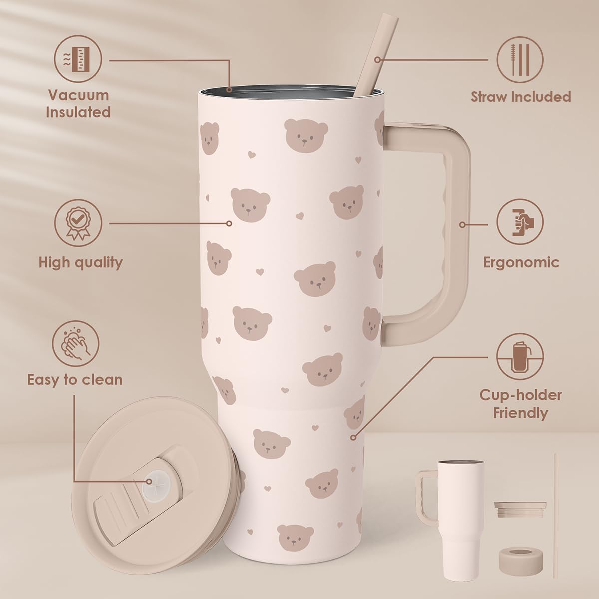 SANDJEST Marble Tumbler with Handle 40oz, Stainless Steel Insulated Tumblers Coffee Travel Mug with Lid Straw, Gifts for Women G