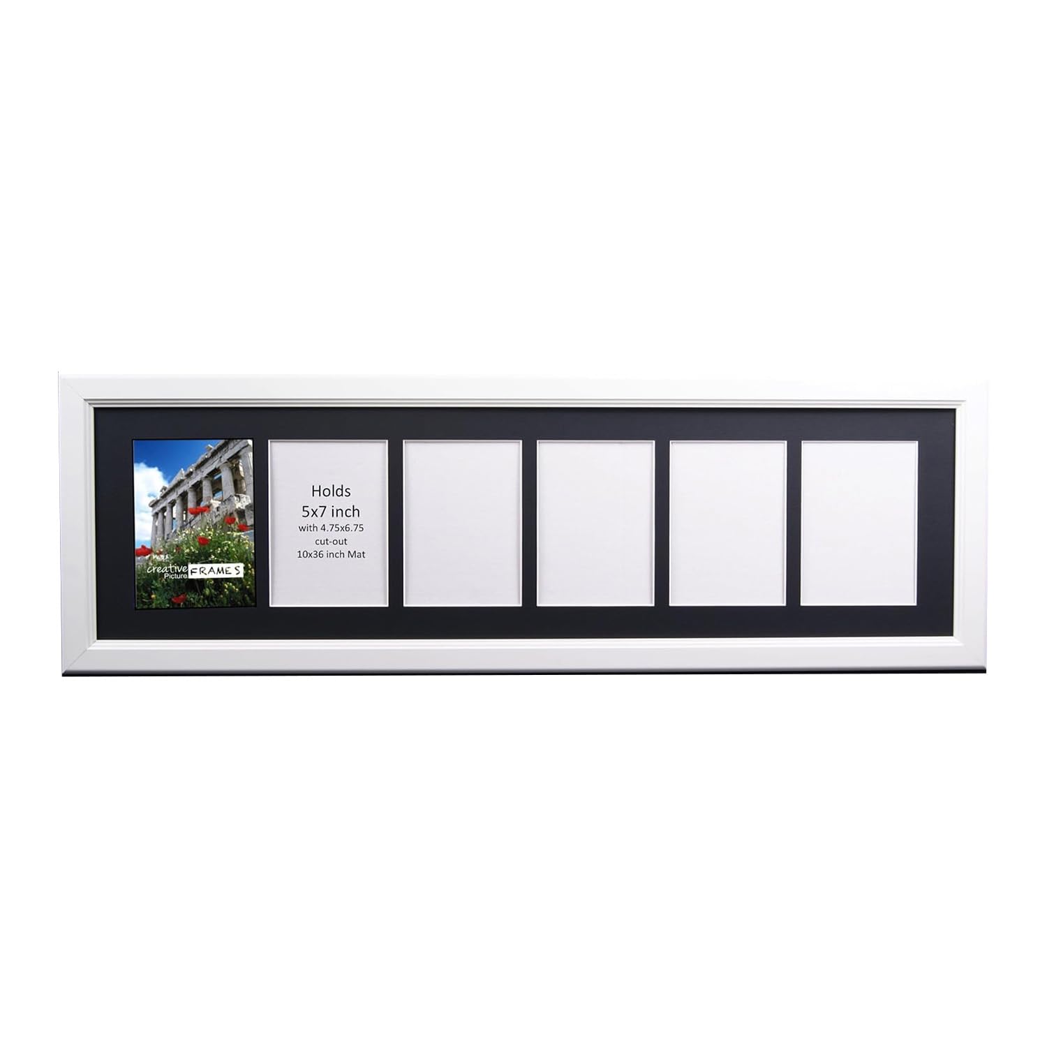 Creative Picture Frames 6 Opening Glass Face White Picture Frame To Hold 5 By 7 Inch Photographs Including 10X36-Inch Black Mat 