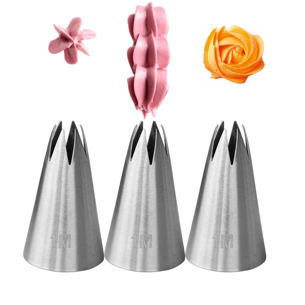 1M Piping Tip For Cake Decorating,Seamless Icing Tips,3 Pcs Decorating Tips,Open Star,Stainless Steel