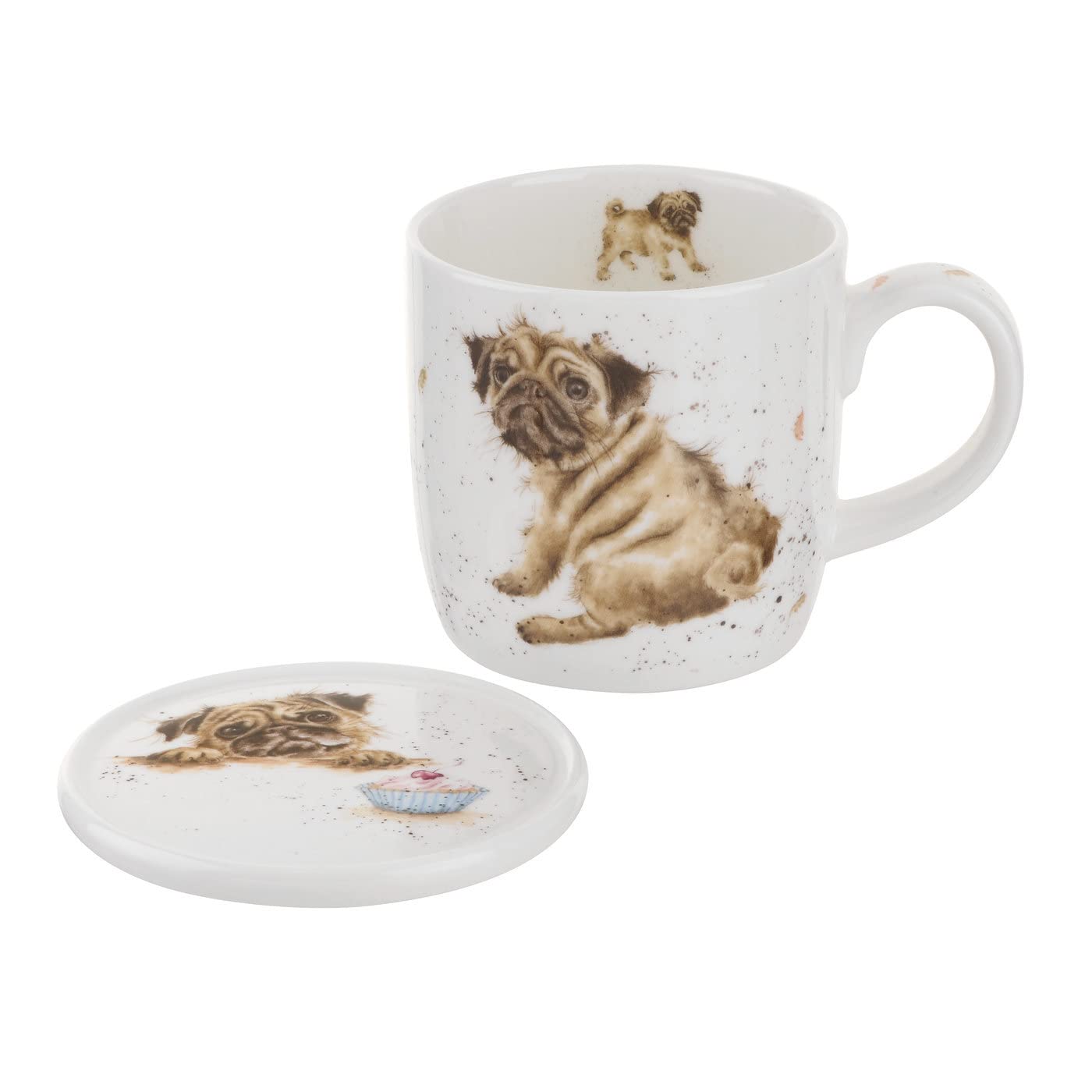 Royal Worcester Wrendale Designs Pug Love Mug & Coaster Set | 11 Ounce Coffee Mug With Coaster | Made From Fine Bone China | Mic