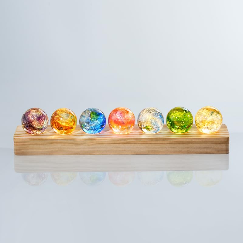 vskikris 40mm Crystal Quartz Stones 7 Chakra Natural Healing Spheres with LED Wooden Stand for Meditation Positive Energy Night