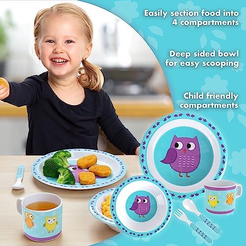 5 Pc Mealtime Baby Feeding Set for Kids and Toddlers - Includes Plate, Bowl, cup, Fork and Spoon Utensil Flatware - Durable, Dis