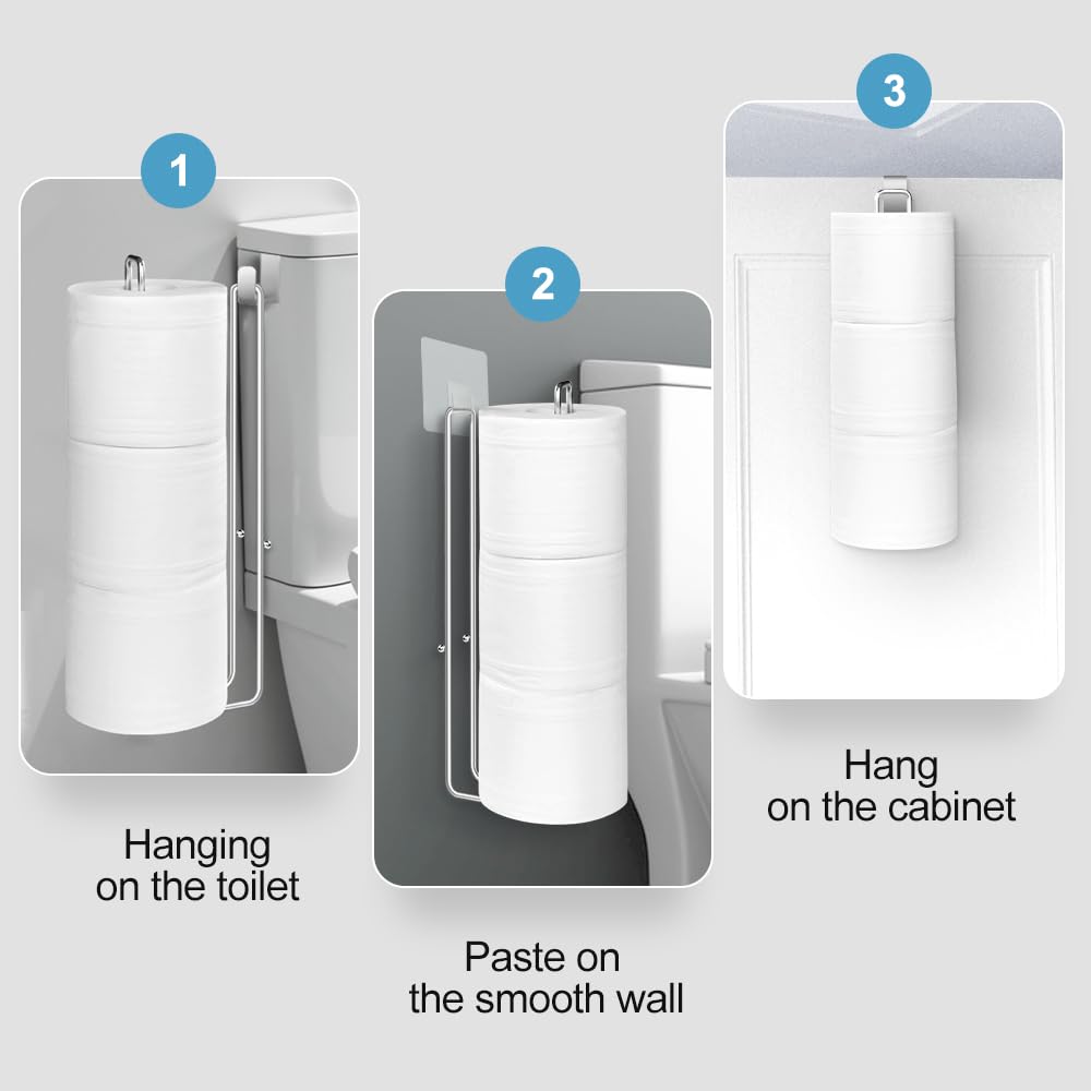 Silver Extra Toilet Paper Storage For 3 Roll Tissue Over The Tank Toilet Paper Roll Holder Stainless Steel Adhesive Hanging Toil