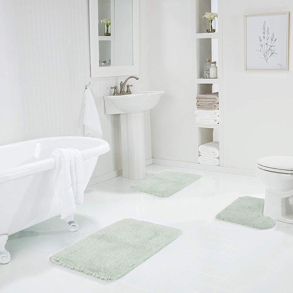 Walensee Shaggy 2 Piece Bath Rug Sets (Pale Green) 20 X 24 U Shape Contour Rug & 20 X 32 Bathroom Rug Machine Wash/Dry Bath Mats