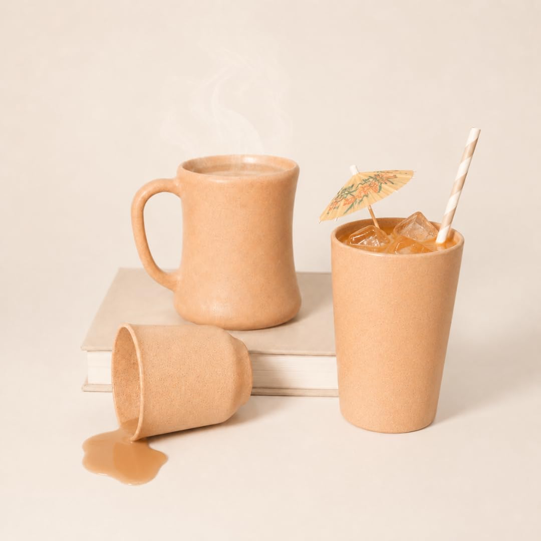 Earth Friendly Bamboo Fibre Drinkware Combo  1 Glass + 1 Kullad + 1 Coffee Mug | Reusable | Lightweight & Unbreakable | Eco Tab