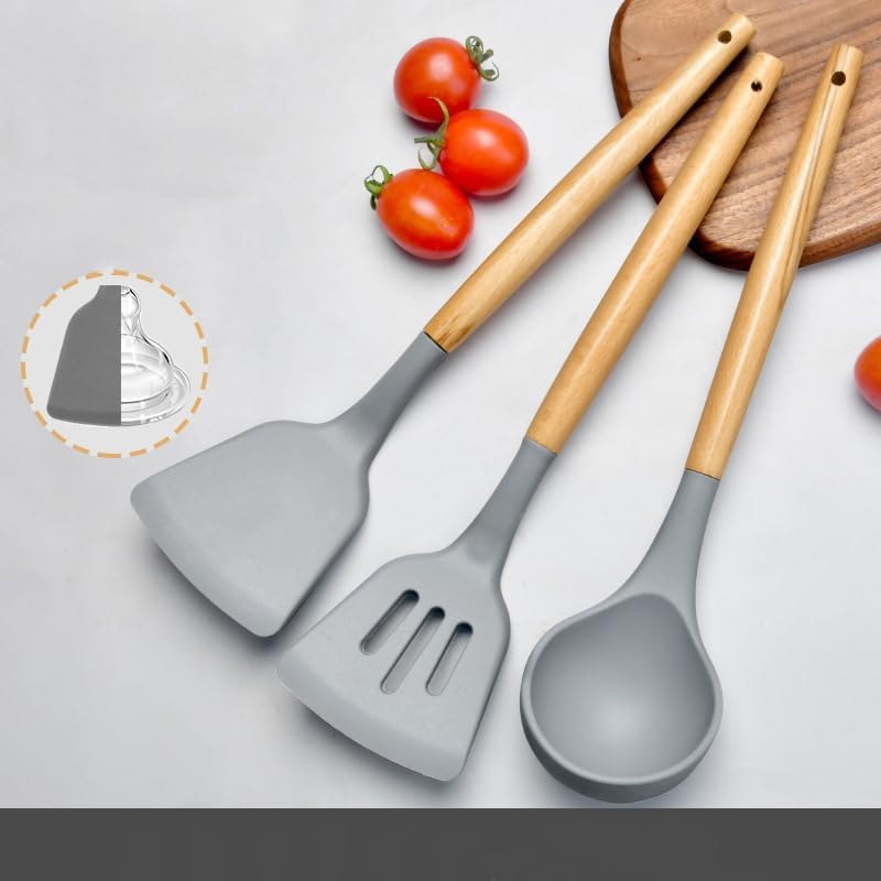 Rampkd Spatula Turner Serving Cooking Spoon Silicon For Kitchen Silicone Set Non Stick Pan With Wooden Handle 3 (Multi)