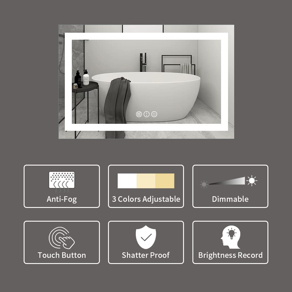 Amorho LED Bathroom Mirror 48''x 36'' with Front and Backlight  Stepless Dimmable Wall Mirrors with Anti-Fog  Shatter-Proof  Memory  3 Colors  Double LED Vanity Mirror