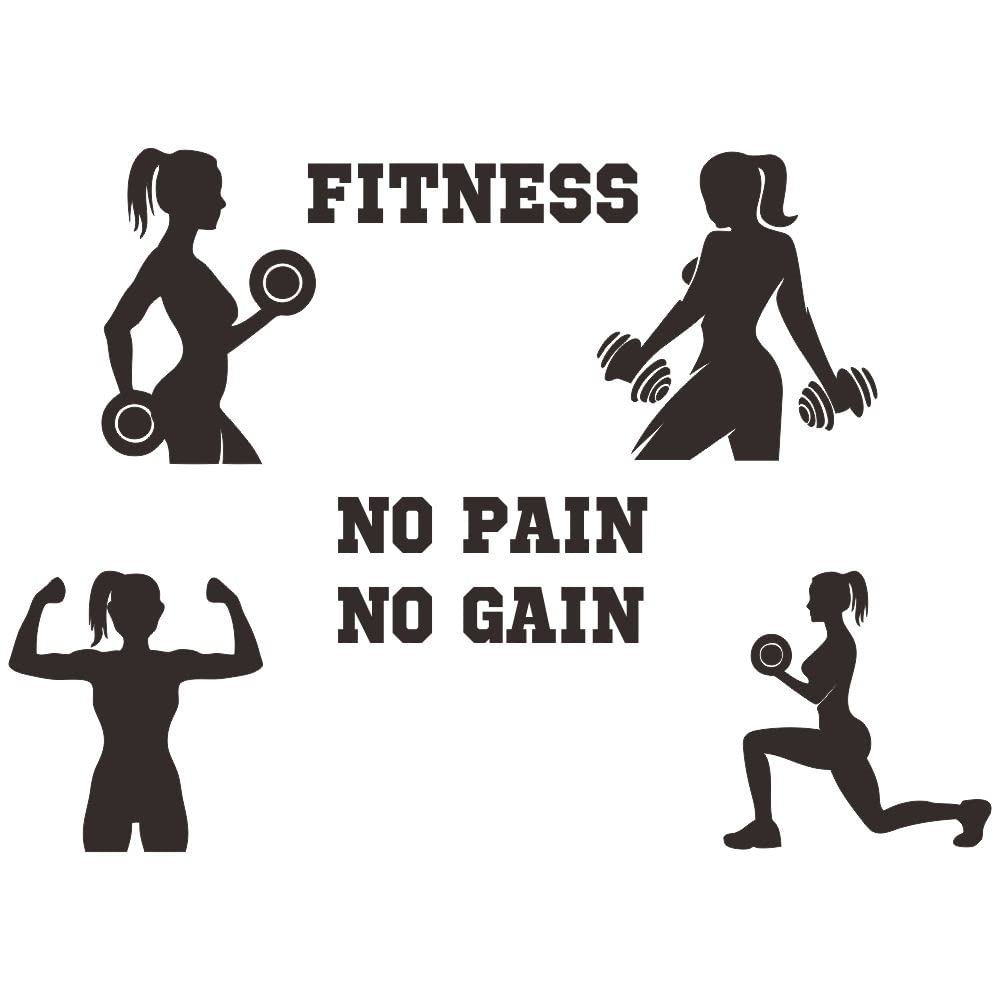 Anfrjji Women Fitness Wall Decal - Pvc Removable Vinyl Sticker - No Pain No Gain Quote With Girl Lifting Weights - Gym And Home