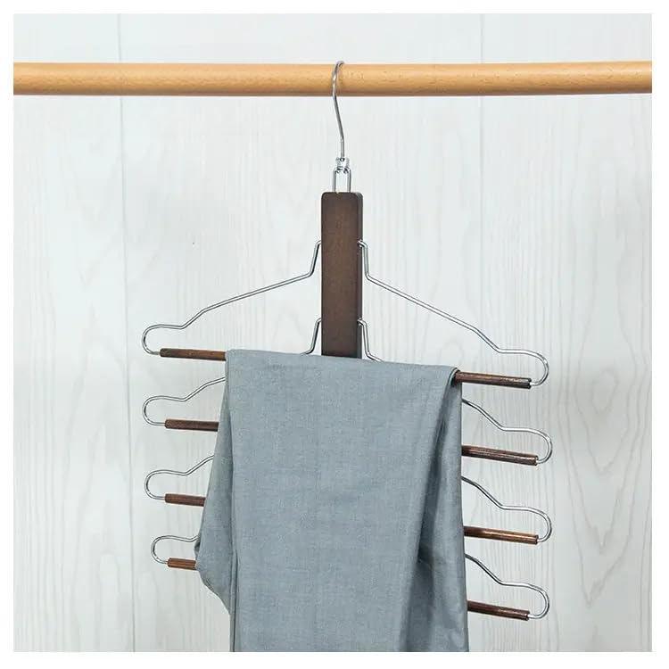 Rollyware 4 Layer Folding Wooden Pants Hanger Space Saving With 180 Degree Rotation ChromePlated Clothes Hook Wooden HangersNo