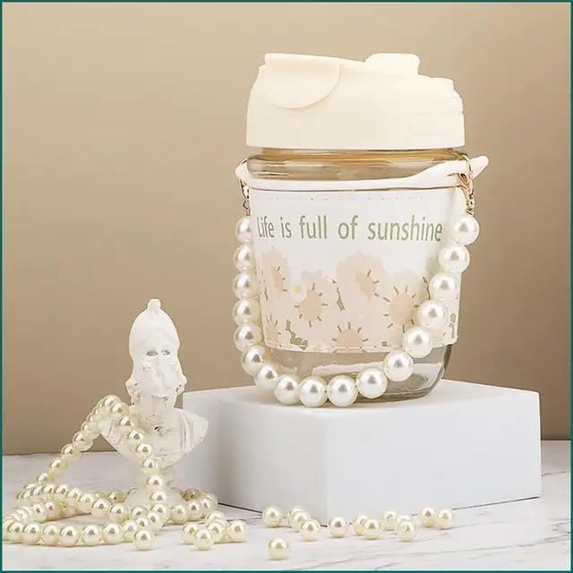 HEJISUN Glass Sipper Coffee Mugs with Pearl Chain Belt & Sleeve,Reusable Travel Sipper with Double Drink Silicone Straw and Lids