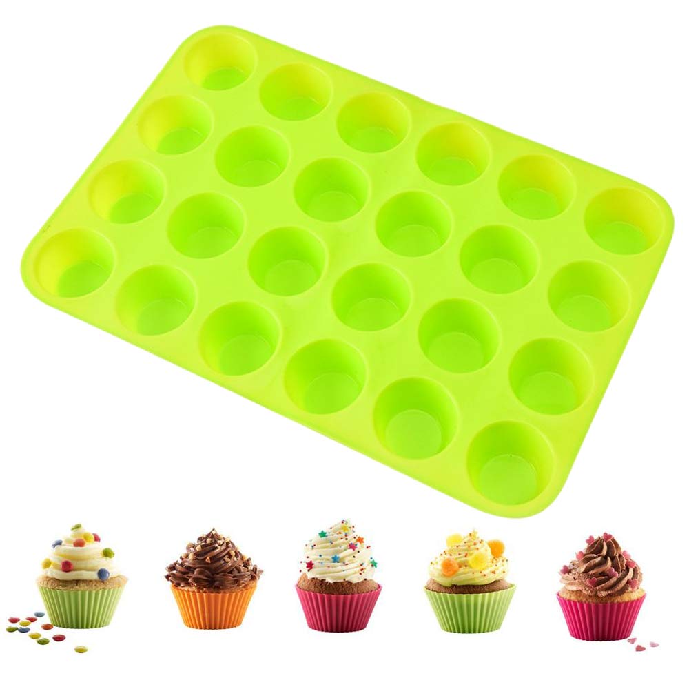 Qtopun Silicone Mini Muffin Pan, 4 Pack 24 Cups Silicone Mold Cups Baking Pan, Silicone Muffin Tins Baking Moulds-Green