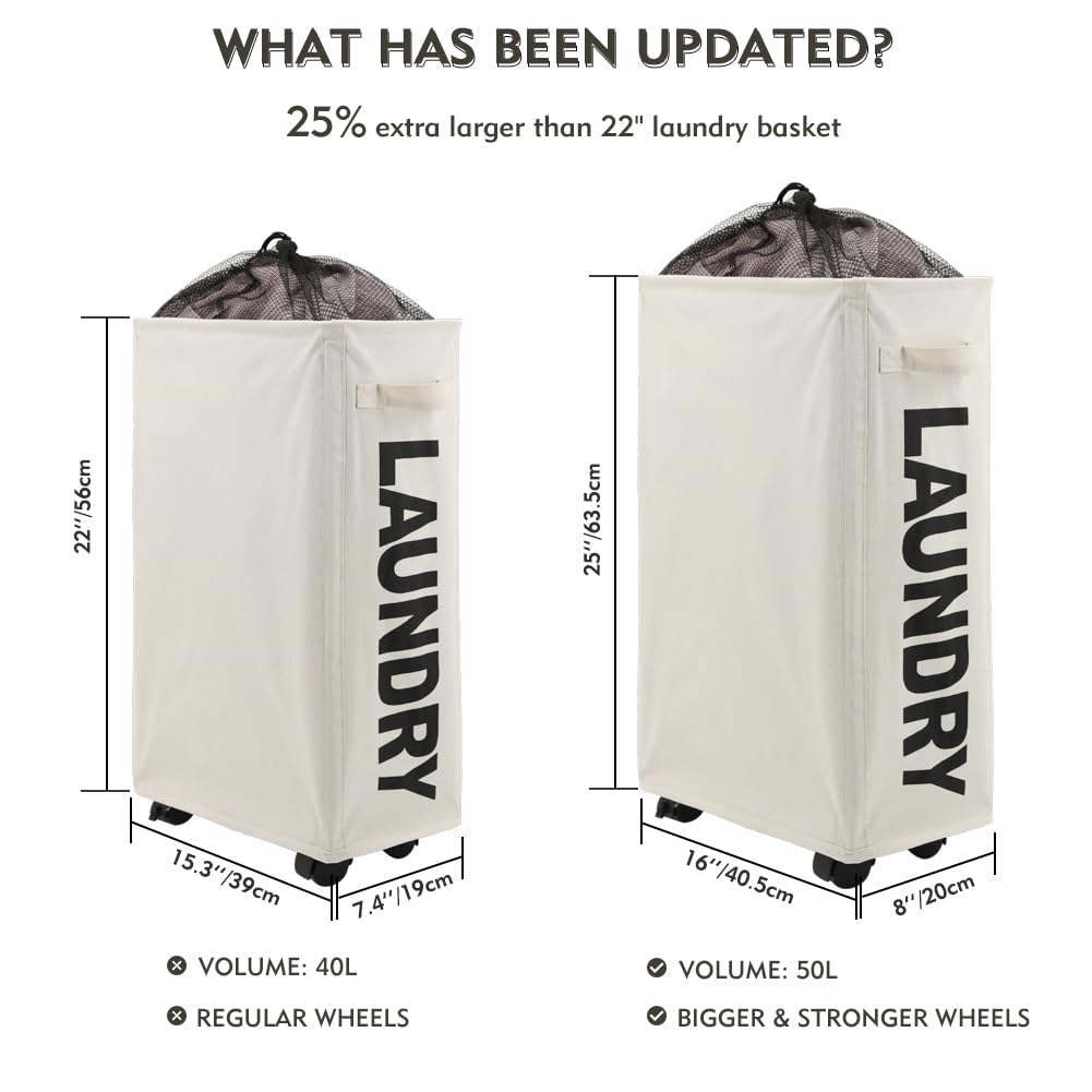 Maxsilan 25'' Slim Rolling Laundry Basket On Wheels, 50L Collapsible Narrow Corner Laundry Hamper, Foldable Storage Bins, Beige