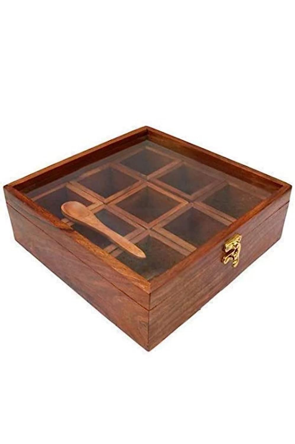 Iblay Handicraft Brown Designer Wooden Spice Box Kitchen & Dining Great 9 Spices Storage Boxes 8 X 8 X 2 Inch