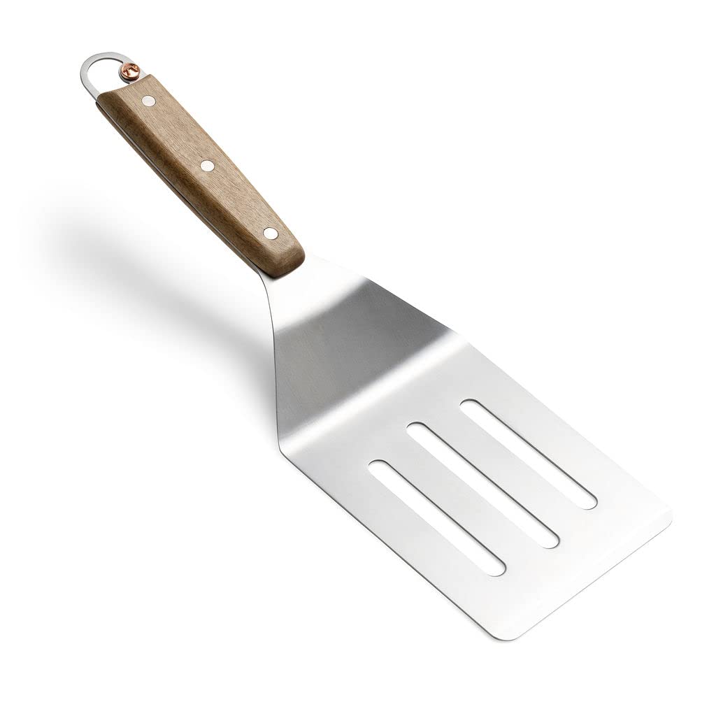 Outset Jackson Stainless Steel Slotted Grill Spatula, Acacia Wood Handle, Silver, 14.6X4.2X1.6''