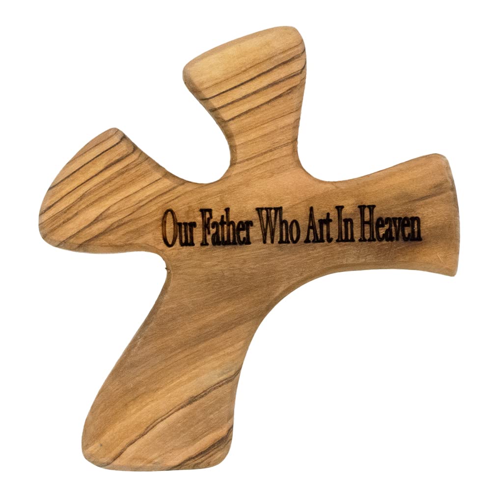 Olive Wood Prayer Cross: Hand Held Cross Made to Perfectly Fit in Your Hand (Our Father who art in Heaven)
