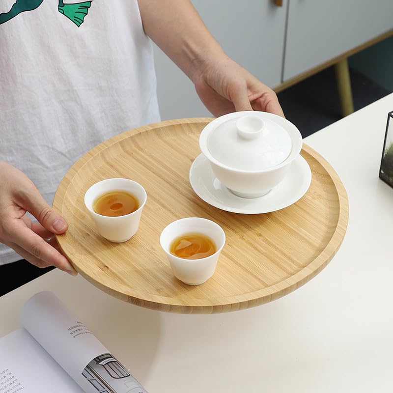 Round Bamboo Tray, Wood Plates, Wooden Serving Platter, Charcuterie Serving Board For Dinning/Coffee Table,13.8 Inch