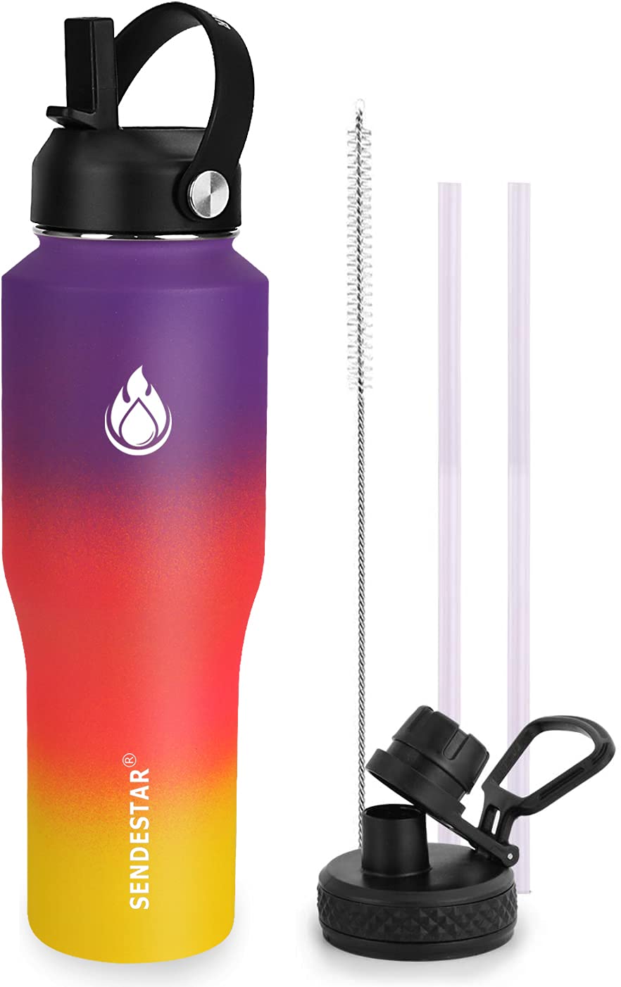 Sendestar Water Bottle 32Oz,2 Lids(Straw Lid),Wide Mouth Stainless Steel Vacuum Insulated Double Wall Keep Liquids Cold Or Hot A