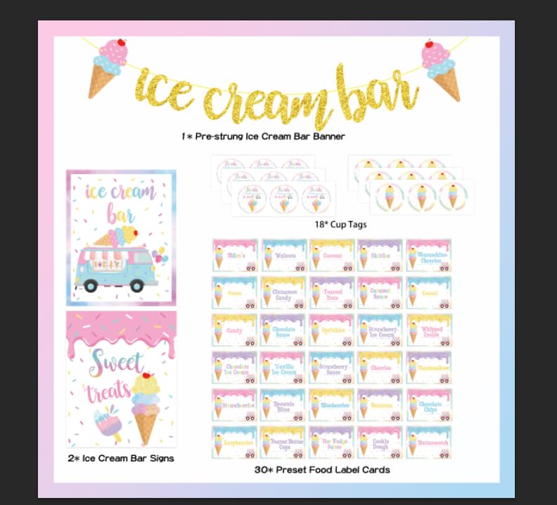 Ice Cream Bar Decor Kit, Summer Ice Cream Sundae Bar Glitter Banner Ice Cream Table Sign Food Labels Tents Cup Tag Sticker For I