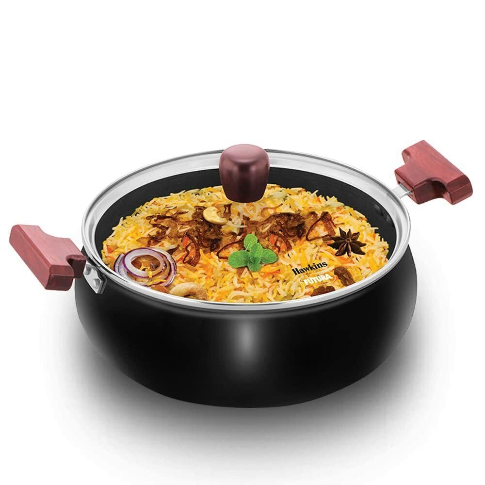 Hawkins Futura 5 Litre Cook n Serve Handi, Hard Anodised Biryani Handi with Glass Lid, Saucepan, Sauce Pan, Black (ACH50G) Polis