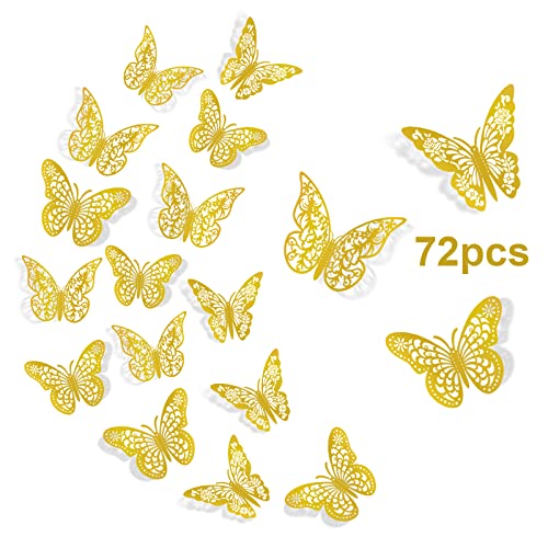 Insuwood 72Pcs 3D Butterfly Wall Decor, Gold Butterfly Decorations 3 Styles 3 Sizes, Butterfly Party Birthday Cake Decorations,