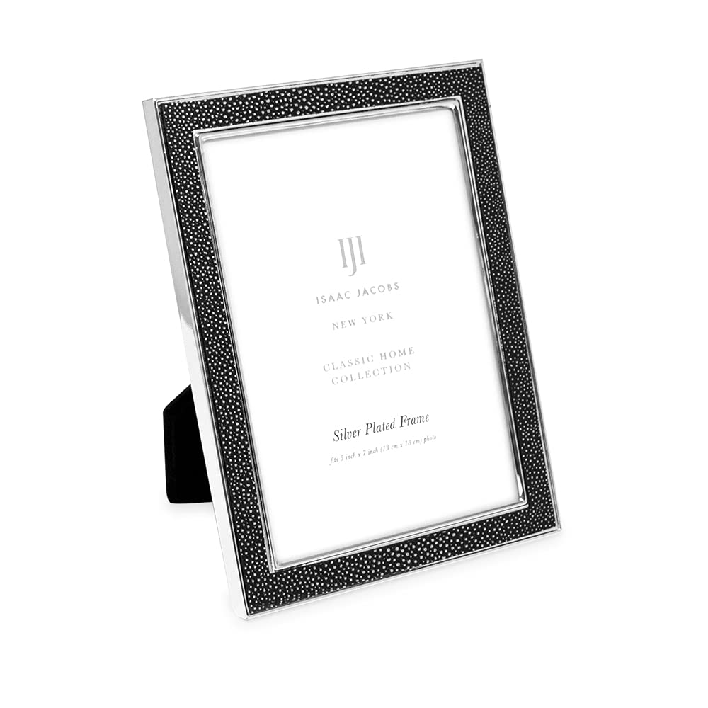 Isaac Jacobs 5x7 Black Leather with Silver Metal (Vertical & Horizontal) Picture Frame, Shagreen Border w/Black Fabric Easel, Wa