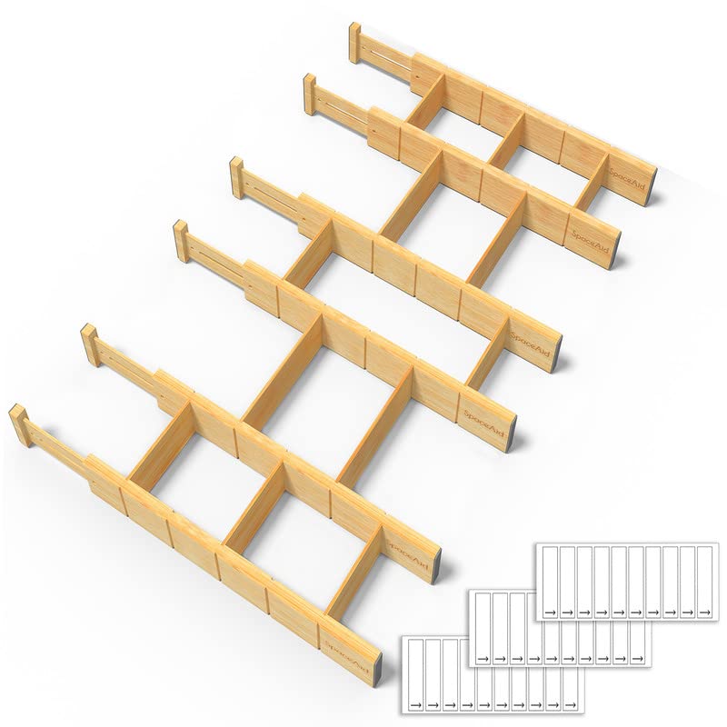 SpaceAid Bamboo Drawer Dividers with Inserts and Labels, Kitchen Adjustable Drawer Organizers, Expandable Organization for Home,