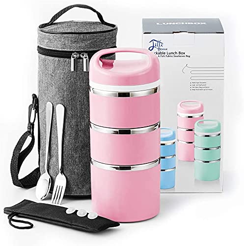 Lille Home Stackable Stainless Steel Thermal Lunch/Snack Box, 3-Tier Insulated Bento Box With Portable Cutlery Set, 43Oz, Pink