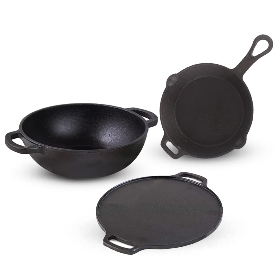 The Indus Valley Pre-Seasoned Cast Iron Cookware Set | Tawa (30 Cm) + Kadai (25.4 Cm/2.3L) + Fry Pan (23 Cm/1.4L) | Kitchen Cook
